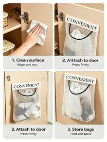 1pc Wall-Mounted Plastic Bag Holder, Large Capacity Kitchen Trash Bag Storage Rack, Self-Adhesive Shopping Bag Organizer, Suitable For Kitchen Cabinet Doors, Space-Saving Home Storage Accessory, Kitchen Organization - Multicolor - View 10