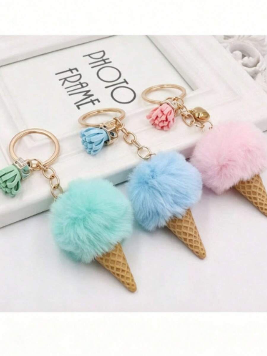 1pc Ice Cream Keychain Bag Charm Cartoon Plush Pendant Car Key Chain Ring Cute Zinc Alloy Bag Decoration Pendant For Daily Use - Multicolor - View 1
