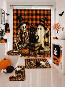 1/4pcs Halloween Funny Skeleton Ghost Black Cat Shower Curtain Set, With 12 Hooks Waterproof Polyester Bath Curtain, Bathroom Curtain, Privacy, Thickened, Durable Quick Dry, 180*180cm Size, Halloween Thanksgiving Autumn Harvest Bathroom Decor - A - View 18