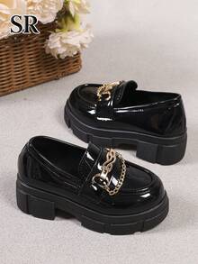 Fashion Girls' Thick Sole Loafers, Shiny Black Metal Chain Decor Shoes, Suitable For Daily And School Wear, School Essential - Black - View 5