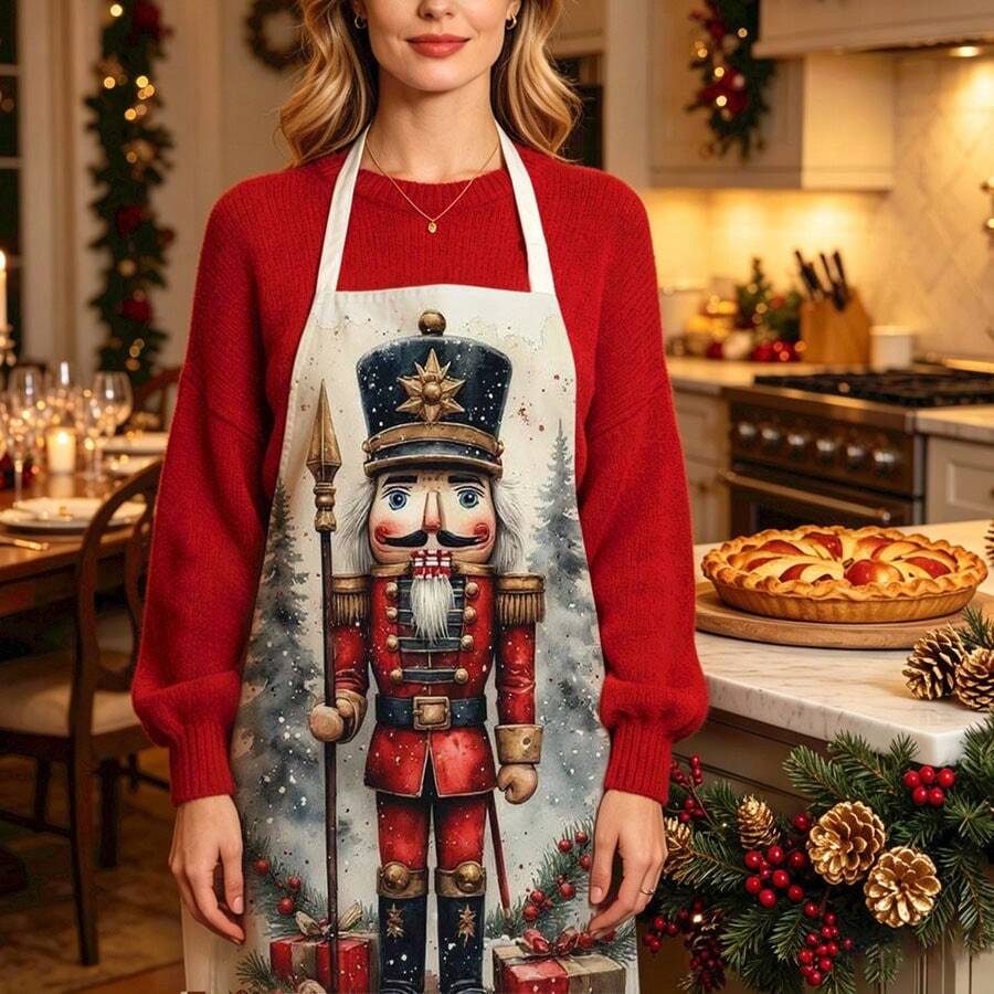 1pc Christmas Vintage Nutcracker Print Apron - Sleeveless Design, Durable And Comfortable Fit, Featuring Nutcracker With Spear Pattern, Suitable For Cooking, Baking And Home Cleaning, Household Cleaning, Housework Apron, Hand-Painted Handmade Gardening Apron, Fun Holiday Gift - Multicolor - View 1