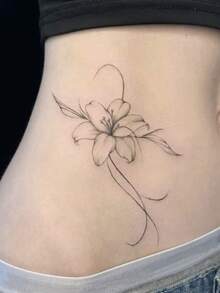 Fine Line Lily Floral Temporary Tattoo Stickers, Delicate Sketch Flower Fake Tattoos, Waterproof Long Lasting Body Art Decoration For Adult Men Women, Minimal Botanical Tattoos For Waist Hip Rib Lower Back Collarbone - Black - View 3