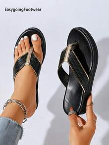 Women's Woven Texture Gold Patchwork Thong Slide Sandals, Lightweight Thick Sole Height-Increasing Comfortable Summer Essential - Black - View 3