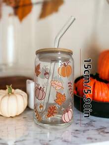 Autumn Atmosphere Glass Straw Cup, Pumpkin & Fallen Leaves Full Print, Bamboo Lid Straw Set, Home & Office Cold Drink Milk Tea Portable Drinking Glass - Multicolor - View 3