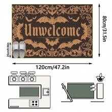 1PC Deep Brown Background Bronze Gold Bat Letter Pattern Entryway Door Mat, Dark Gothic Style Crystal Velvet Rectangular Luxurious Scrollwork Border Skull Detail Machine Washable Door Mat, Suitable For Halloween Party Entrance Garden Decor - Multicolor - View 11
