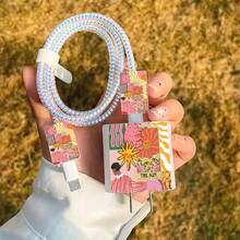 5pcs 2D Flat Design Painting Phone Charger Protection Set, Charger Head Cover + Cable Protector + Storage Rope + Data Cable Protection Rope, Suitable For IPhone 20W/18W Charger - Multicolor - View 4