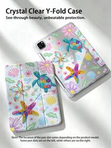 1pc Colorful Turtle Starfish Shell Flower Acrylic Y-Fold Protective Case, Magnetic Closure With Pen Slot, Auto Sleep/Wake Support, Compatible With IPad 5/6/7/8/Air 3/4/5/6/7/8/Pro 11/10th/11th/Mini 6/7 Shockproof Tablet Shell - Multicolor - View 5