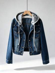 Women's Casual Denim Jacket, Long-Sleeved Hooded Denim Short Jacket, The Hood Can Be Removed, Suitable For Spring And Autumn And Any Occasion. - Dark Blue (gray Hat) - View 1