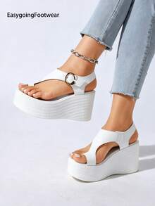 Women's Toe-Loop Single Strap Wedge Sandals, Fashionable Metal Buckle, Suitable For Outdoor Wear, Shopping, Commuting And Dating - White - View 10