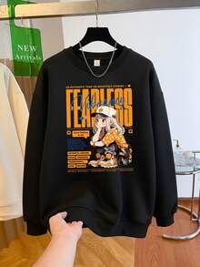 High Street Style FEARLESS Slogan Cartoon Character Print Black Crew Neck Sweatshirt Oversized Slimming Unisex Autumn/Winter - Black - View 1