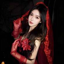 Red Vintage Lace Trim Bridal Veil, No Comb, Retro Style Bridal Headpiece, Suitable For Wedding, Proposal And Other Occasions - Burgundy - View 4