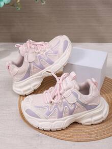 Children's Mesh Chunky Sneakers, Pink & Purple Colorblock Soft Sole Anti-Slip Hook & Loop Girls' Lightweight Casual Sports Shoes - Pink - View 1