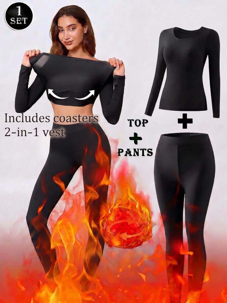 1 Set Women's Autumn/Winter Skin-Care Base Layer, 2-In-1 With Built-In Padding, Comfortable Minimalist Slimming Thermal Underwear Set - Black - View 1