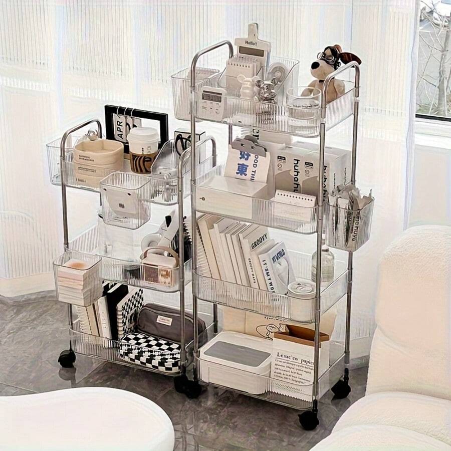 2-Tier Clear Acrylic Rolling Storage Cart, Mobile Organizer Rack For Bathroom Bedroom Kitchen Office Dorm