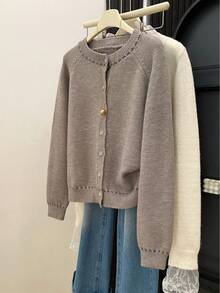 Women's Ribbed Trim Knit Cardigan, Loose Long Sleeve Button-Up Top, Suitable For Christmas, Halloween, Thanksgiving And Daily Wear - Grey - View 9