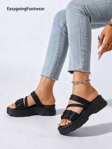 Women's Ruched Open Toe Soft Sole Sandals, Thick Sole Non-Slip, Versatile 2-Way Wear Half-Slide Sandals For Shopping - Black - View 7