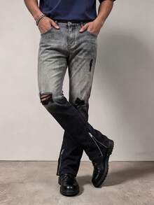 Men's Grey-Black Gradient Flared Jeans, Distressed Ripped Denim Pants, Double Side Zipper Split Hem With Fringed Raw Edge, All-Season Street Style Slim Fit Casual Jeans - Grey - View 3