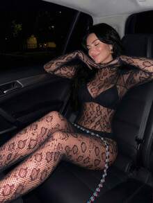 女款鏤空設計彈性魚網長袖性感褲襪 - 黑色 - 查看 1