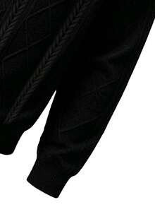 Men's Embossed Diamond Pattern Crew Neck Sweatshirt, Solid Color Versatile Casual Sports Top, Black - Black - View 5