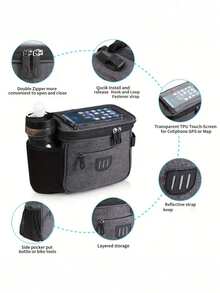 XD Adjustable Bicycle Handlebar Bag With Phone Pocket, Large Capacity Front Storage Bag With Zipper And Shoulder Strap, Suitable For Mountain Bikes And Road Bikes, Lightweight And Waterproof, Ideal For Sports, Cycling, Outdoor Camping, Travel, Summer Outings, Essential For Men, Women And Students. Bicycle Frame Riding Bag, Water Bladder Backpack, Suitable For Cycling, Sports, Outdoor Fitness, Waterproof, Lightweight, Large Capacity Portable Accessory. - Grey - View 7