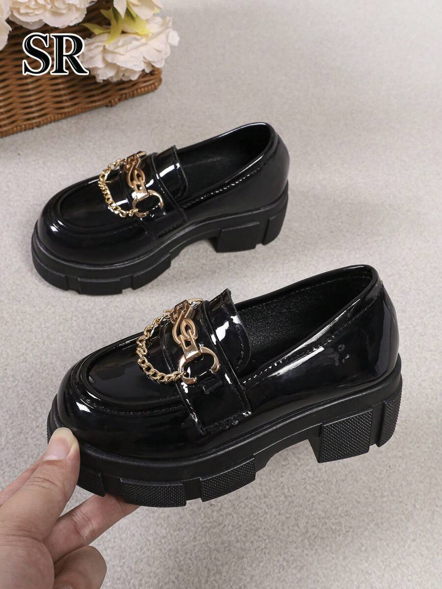 Fashion Girls' Thick Sole Loafers, Shiny Black Metal Chain Decor Shoes, Suitable For Daily And School Wear, School Essential - Black - View 1