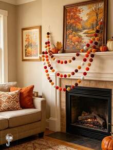 5/3/2pcs Handmade Wool Felt Rainbow Pom Pom Garland, Colorful Fluffy Pom Pom Bunting, Orange Yellow Autumn Atmosphere Pom Pom Wreath, Vintage Farm Style Autumn Harvest Decoration, Thanksgiving Theme Party Backdrop, Fireplace Entryway Window Wall Hanging Soft Decor, Indoor Holiday Atmosphere Photo Prop Home Decoration - A - View 11