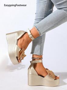 Women's Bow Open Toe Wedge Platform Sandals, Peep Toe Back Strap Ankle Buckle, Suitable For Outdoor, Party, Gathering - Gold - View 5