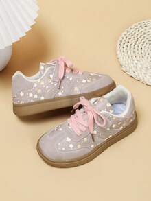 Girls' Floral Casual Training Sneakers, Light Gray Floral Upper With Pink Shoelaces, Hook And Loop Closure For Easy On And Off, Non-Slip Rubber Thick Sole, Versatile School Shoes - Pink - View 6