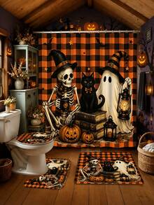 1/4pcs Halloween Funny Skeleton Ghost Black Cat Shower Curtain Set, With 12 Hooks Waterproof Polyester Bath Curtain, Bathroom Curtain, Privacy, Thickened, Durable Quick Dry, 180*180cm Size, Halloween Thanksgiving Autumn Harvest Bathroom Decor - A - View 10