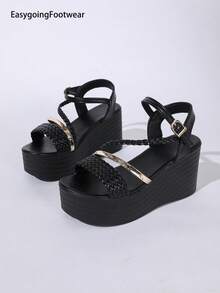 Women's Summer Solid Color Thick Sole Open Toe Woven Strap Single Buckle Height-Increasing Comfortable Versatile Elegant Wedge Sandals - Black - View 10