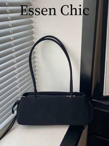 1pc Black Solid Color Faux Suede Baguette Shoulder Bag For Women - Black - View 2