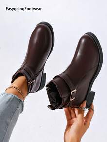 Women's British Style Round Toe Ankle Boots, Metal Buckle Side Zipper, Breathable Lining, Chunky Heel Comfortable, Versatile For Multiple Occasions - Coffee Brown - View 3
