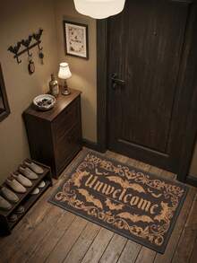 1PC Deep Brown Background Bronze Gold Bat Letter Pattern Entryway Door Mat, Dark Gothic Style Crystal Velvet Rectangular Luxurious Scrollwork Border Skull Detail Machine Washable Door Mat, Suitable For Halloween Party Entrance Garden Decor - Multicolor - View 6