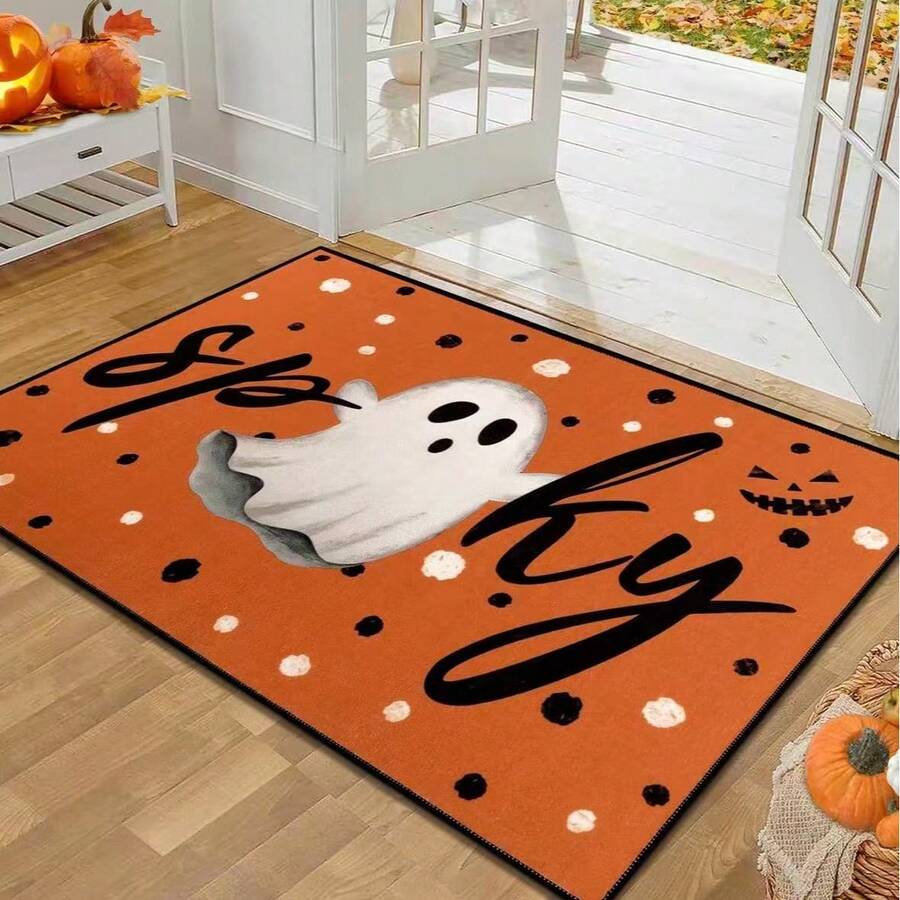 GEL HUT MUN Pauwer Halloween Door Mat Ndoor WelcomeMat, Orange SpookyGhost, Soft, Front Door, Ultra Thin, Pumpkin Doormat,Non Slip, Washable Entryway Rugs For Hallway KitchenHalloween Decor - A - View 1