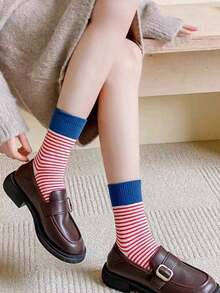 6 Pairs Of Random Women's Casual Striped Calf Socks In Multiple Colors, Retro Colored Long Socks For Comfort, Breathability, And Softness - Multicolor - View 7