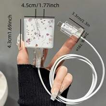 Set de 5 piezas Protector de Cargador de Teléfono con Diseño Plano 2D y Patrón Floral, Cubierta de Cabezal de Cargador + Protector de Cable + Cuerda de Almacenamiento + Protector de Cable de Datos Cuerda Espiral, Adecuado para Cargador 20W/18W - Multicolor - Ver 5