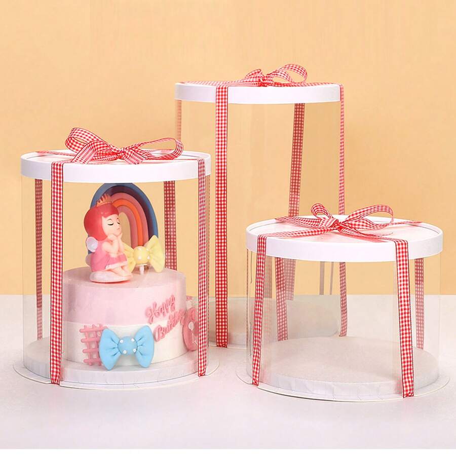 1pc Party Holiday Gift Box, Transparent Round With Random Ribbon, Christmas/Birthday Cake Box, 3-In-1 Handheld Birthday Gift, Wedding, Bouquet, Collection Decoration, Mother's Day, 18th Birthday Gift