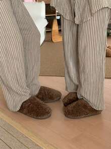 XIXITIAO Minimalist Solid Color Winter Warm Slippers, Couples Cozy Fuzzy Home Shoes For Men & Women - Brown - View 11