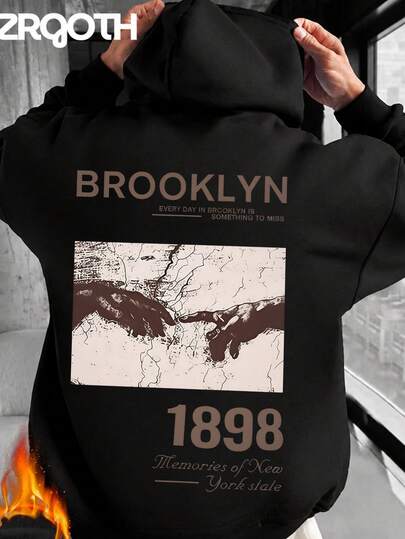 [Talla Grande para Hombres]Sudadera con Capucha Estampada con Tema de Brooklyn para Hombres con Bolsillos, Estilo Streetwear de Otoño/Invierno