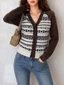 Sweater Rajut Cardigan Leher V Kasual Minimalis Klasik Bermotif Vintage untuk Wanita Musim Gugur/Dingin - Coffee Brown - View 3