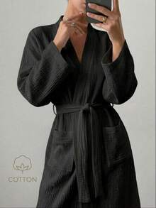 Women's Summer Robe, 100% Pure Cotton, Casual Loungewear, Loose Comfortable Morning Robe, With Pockets And Belt, Comfortable Set, Bathroom, Summer Autumn Winter Bathrobe - Black - View 2