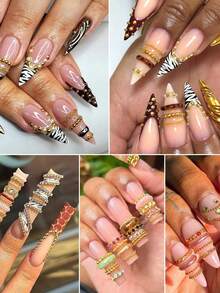 12pcs Metal Chain 3D Six-Color Nail Art Charms, Punk Alloy Nail Rivet Jewelry, Mixed Pearl Metal Chain Rivet Caviar Bead Jewelry, 3D Alloy Flat Back Rhinestone Nail Art DIY Decoration - Multicolor - View 8