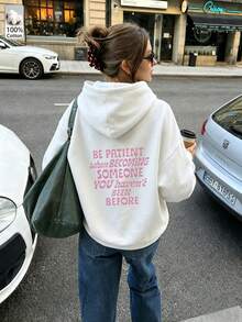 Oversized Women's Sweatshirt For Autumn And Winter, Long-Sleeve Hoodie With Pockets, Casual Top, Y2k Style, Daily Letter Slogan Graphic, Black Unisex - White - View 2