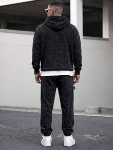 Men's Washed Distressed Hoodie & Jogger Sweatpants 2 Pieces Set, High Street Gothic Letter Print, Cuffed Hem - Black - View 2