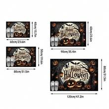 1PC Black Background Orange Yellow Full Moon Pumpkin Lantern Bat Pattern Entryway Doormat, Vintage Halloween Style Crystal Velvet Rectangular Spider Web Street Light Detail Machine Washable Doormat, Suitable For Halloween Party Entrance Garden Decor - Multicolor - View 3