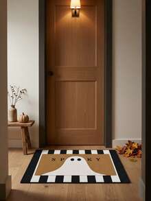 1PC Black & White Striped Brown Background Ghost Letter Pattern Entryway Mat, Cute & Quirky Style Faux Cashmere Rectangular SPKY Letter White Ghost Detail Machine Washable Door Mat, Suitable For Halloween Party Entrance Garden Decor - Multicolor - View 2
