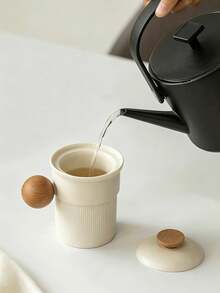 1件裝奶油色陶瓷茶杯附蓋，內建茶濾，茶水分離泡茶杯，創意多功能咖啡杯，便攜居家辦公日常茶杯 - 奶油白 - 查看 4