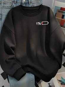 Funny 1% Low Battery Back Print Crew Neck Sweatshirt Women Loose Minimalist Black Versatile Long Sleeve Autumn Top - Black - View 4