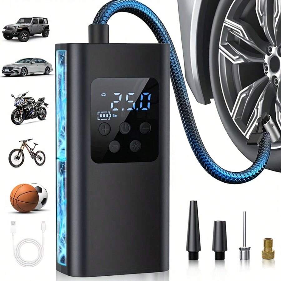 Kompresor Udara Portabel dengan Layar Digital, Pompa Ban, Pengisian Cepat Nirkabel, Dilengkapi Lampu LED, Cocok untuk Sepeda Motor dan Sepeda