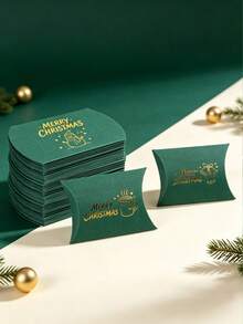 12PCS/Christmas Pillow Gift Boxes, Gold Foil Hot Stamping Xmas Treat Candy Boxes, 4.53*2.76 Inch Green Paper Favor Boxes, 6 Assorted Christmas Patterns For Party Small Gift Cookie Packaging - View 8